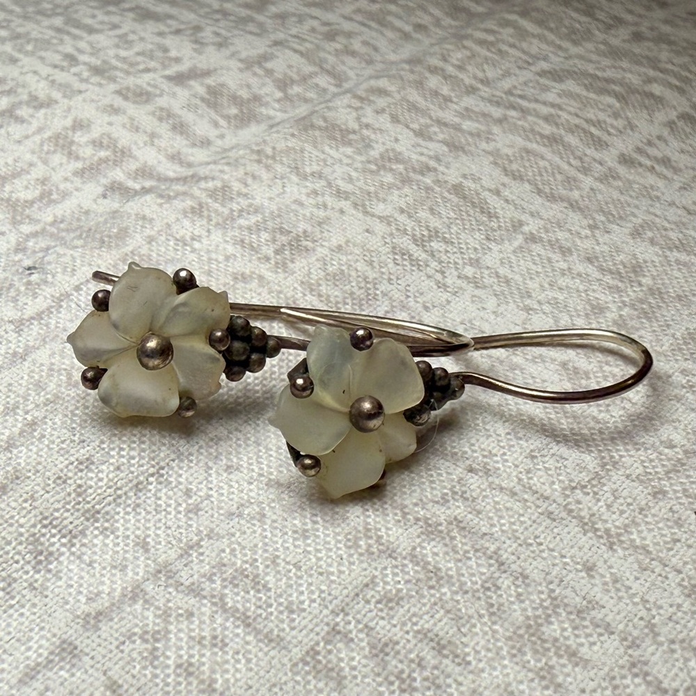 Antique Sterling Silver Floral Drop Earrings with Carved Pearl Petals - Picture 4 of 4